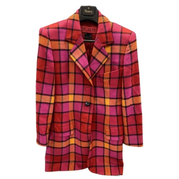 Escada By Margaretha Ley Red Plaid Notch Lapel Long Sleeve Wool Blazer s… - Picture 7 of 12